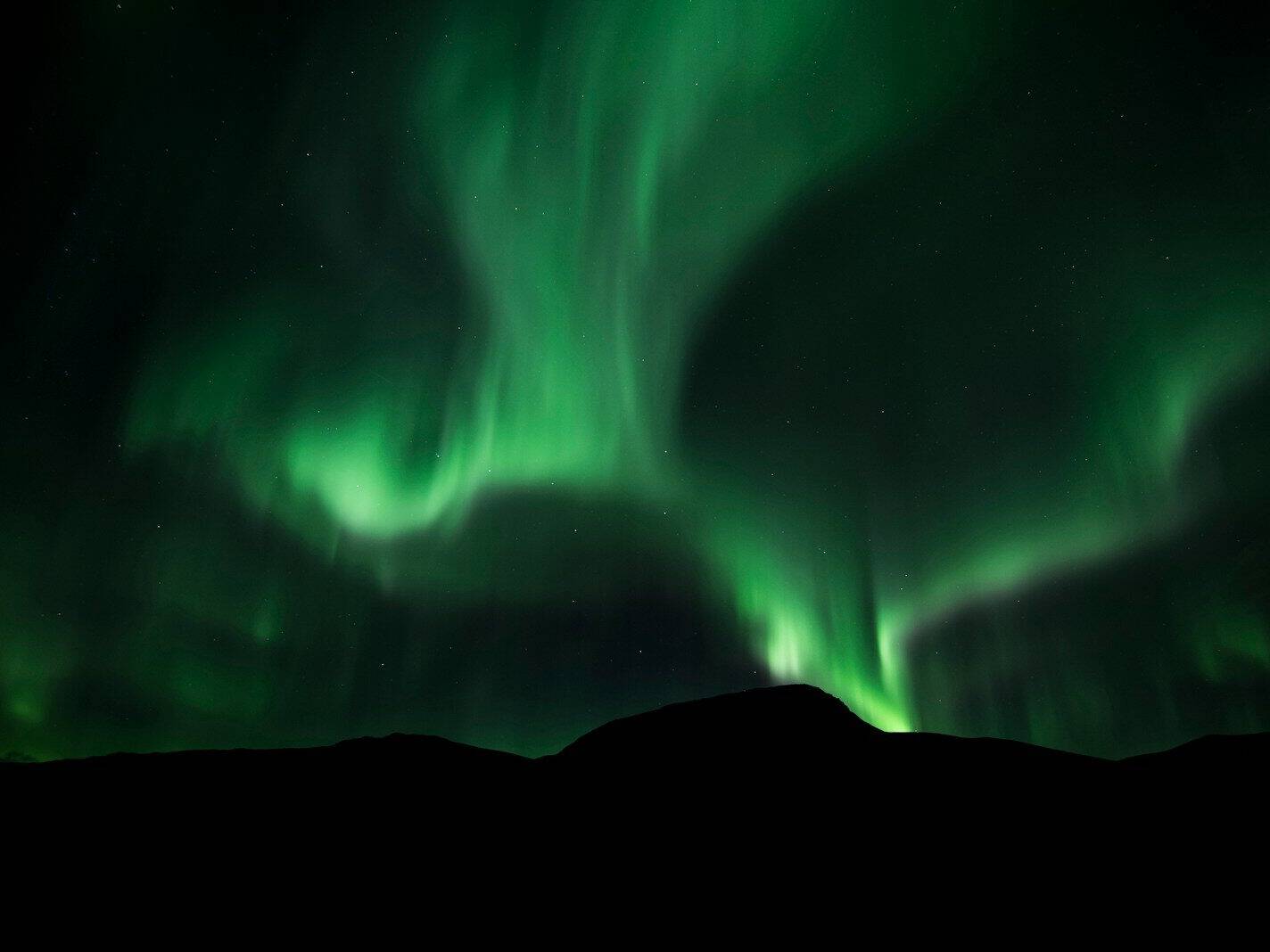Arnanes Country Hotel Green aurora borealis lights sweep across a dark night sky above a silhouetted mountain landscape. Hofn South Iceland