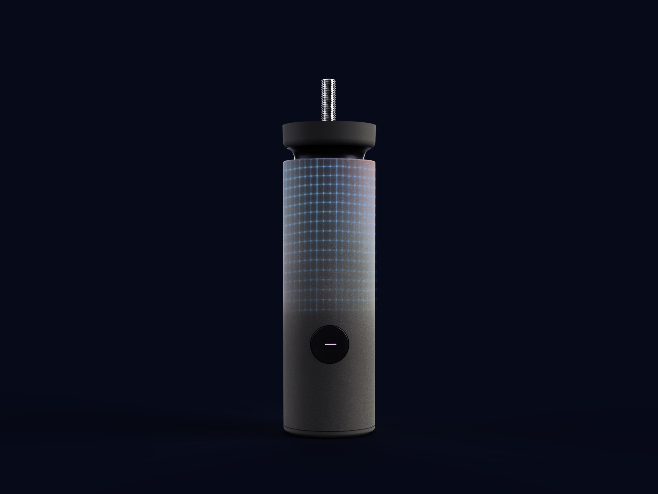 Arnanes Country Hotel A cylindrical black device with a screw on top, a grid-like blue light pattern on its body reminiscent of the Valpas Policy&rsquo;s attention to innovative design, and a circular button near the base, set against a dark background. Hofn South Iceland