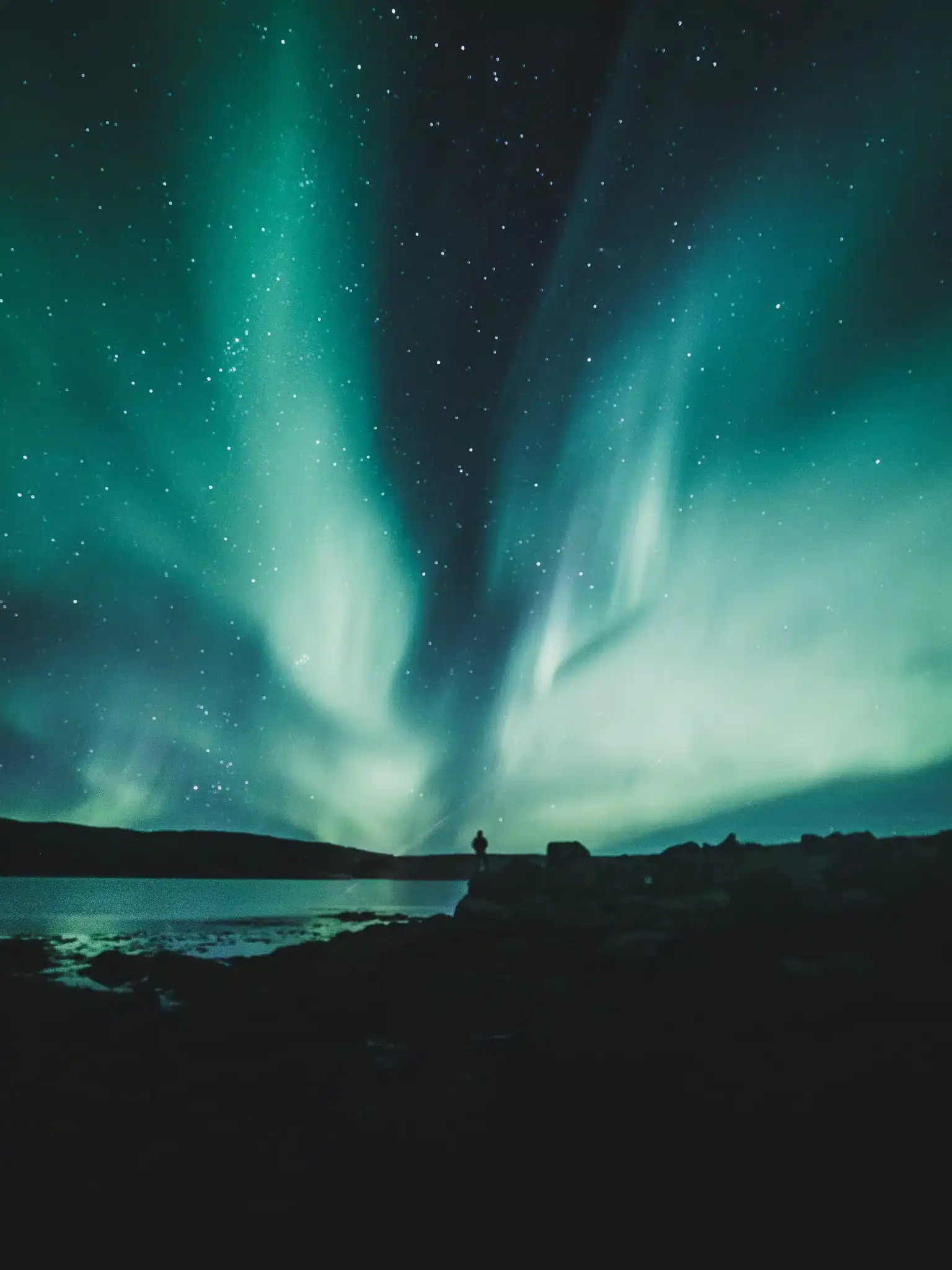 Arnanes Country Hotel Green and blue aurora borealis lights swirl in the night sky above a silhouetted figure standing by a calm, rocky lakeshore, capturing the breathtaking beauty often sought after on Northern Lights tours. Hofn South Iceland